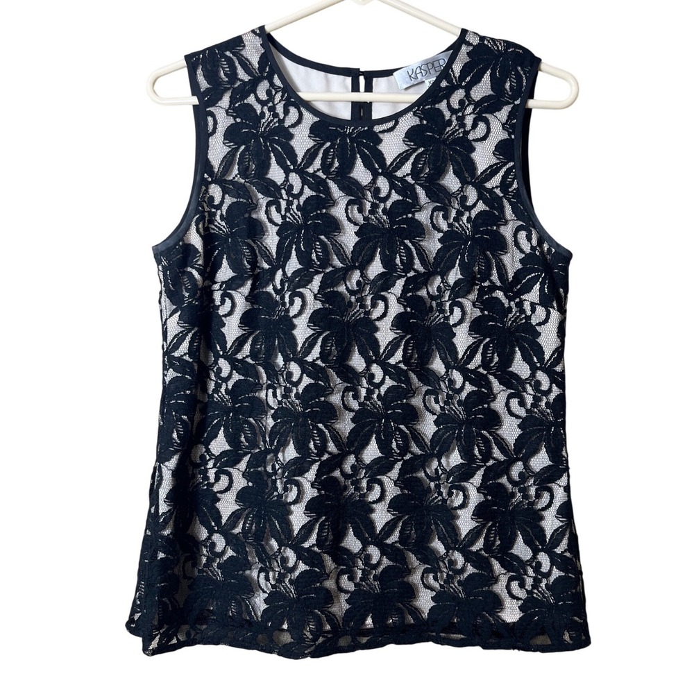 Kasper Black Floral Lace Sleeveless Shell Top XS Coquette Chic Elegant Blouse XS